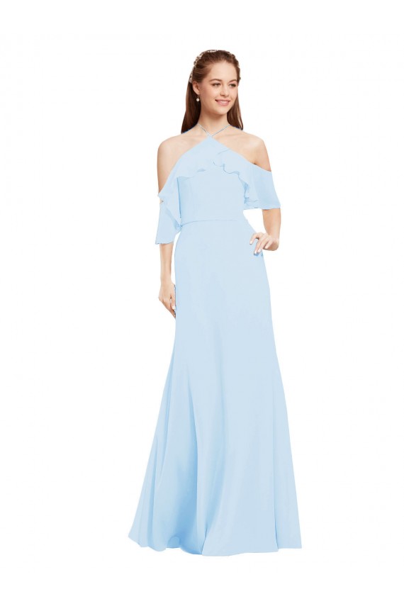 Online Chiffon Halter Neck Bridesmaids Dress with Flounced Neckline