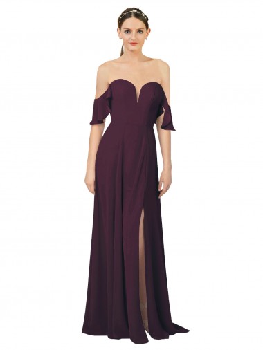 Online Romantic Off-Shoulder Chiffon Bridesmaid Dress with Plunging V-Neck