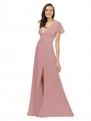 Online Flutter Sleeves Short Chiffon Bridesmaid Dress with Tie Belt