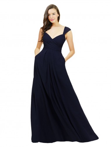 Online Chiffon Bridesmaid Dress with Rouched Draped Bodice and Watteau Back