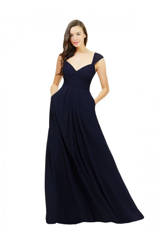 Online Chiffon Bridesmaid Dress with Rouched Draped Bodice and Watteau Back