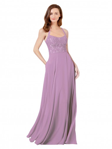 Online Floral Detailed Chiffon Bridesmaid Dress with Keyhole Back