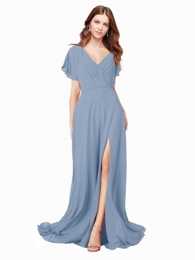 Online Chiffon Bridesmaid Dress with Flutter Sleeves and Front Slit