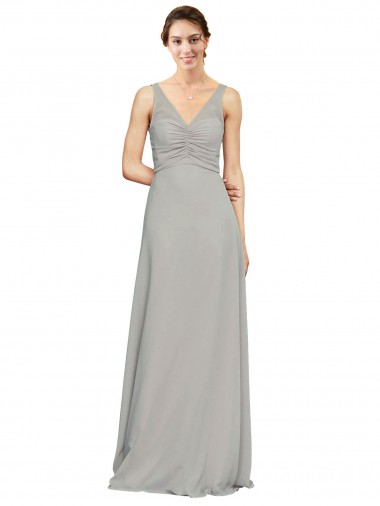 Online V-Neck Chiffon Bridesmaid Dress with Illusion Gathered Bodice