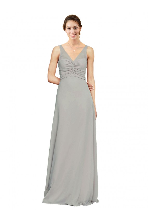 Online V-Neck Chiffon Bridesmaid Dress with Illusion Gathered Bodice