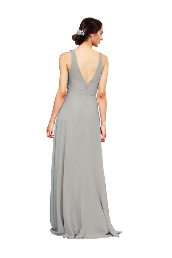 Online V-Neck Chiffon Bridesmaid Dress with Illusion Gathered Bodice