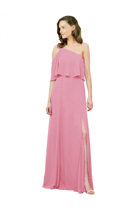 Online Sleeved One Shoulder Chiffon Bridesmaids Dress with Draped Ruffle Overlay