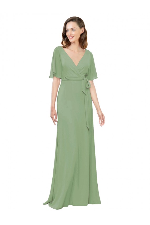 Online Chiffon V-Neckline Wrap Bridesmaids Dress With Double Flutter Sleeve