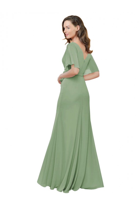 Online Chiffon V-Neckline Wrap Bridesmaids Dress With Double Flutter Sleeve