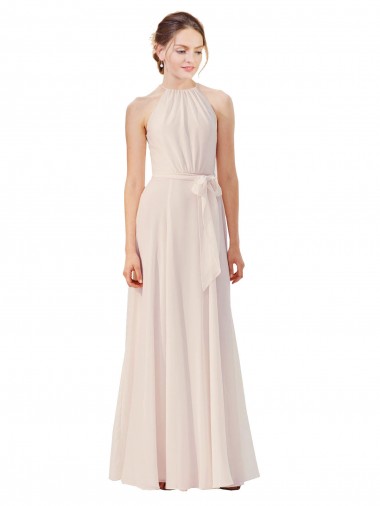 Online Tie Neck Long Chiffon A-Line Bridesmaid Dress with Sheer Back