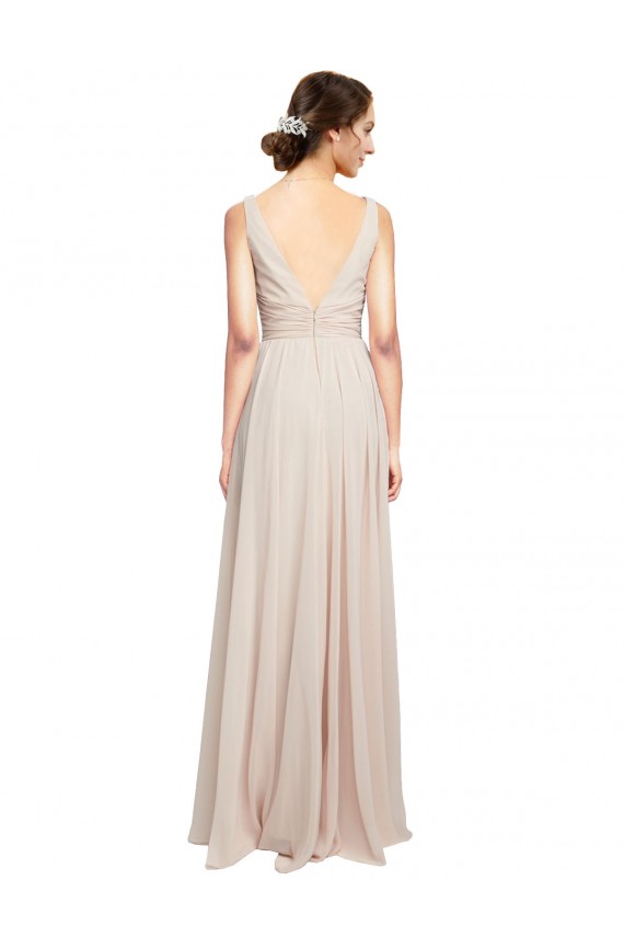 Online Long V-Neck Chiffon Bridesmaids Dress with Double Straps