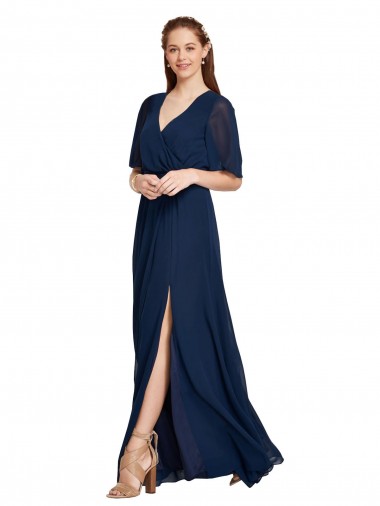 Online V-Neck Plush Chiffon Bridesmaid Dress with Flutter Sleeves