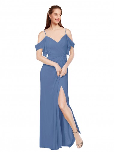 Online Mock-Wrap Off the Shoulder Long Chiffon Bridesmaid Dress with Side Slit