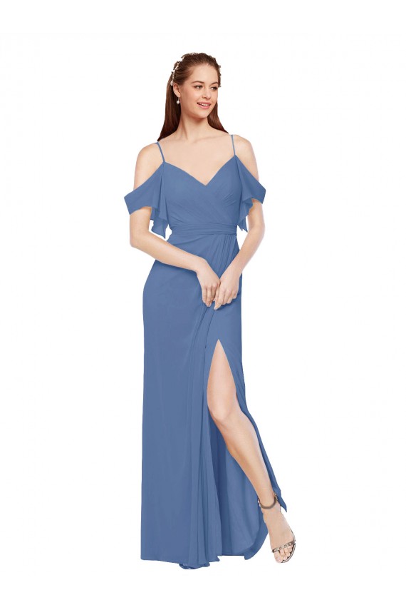 Online Mock-Wrap Off the Shoulder Long Chiffon Bridesmaid Dress with Side Slit