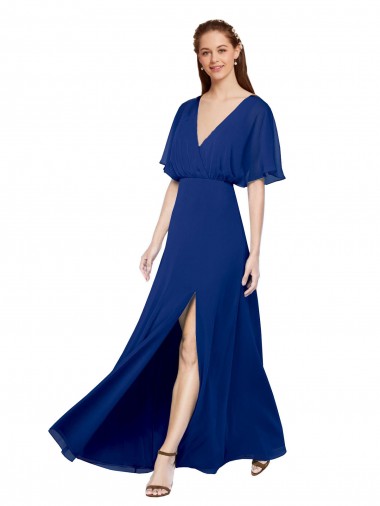 Online V-Neck Long Chiffon Bridesmaid Dress with Dolman Sleeved Bodice and Slit