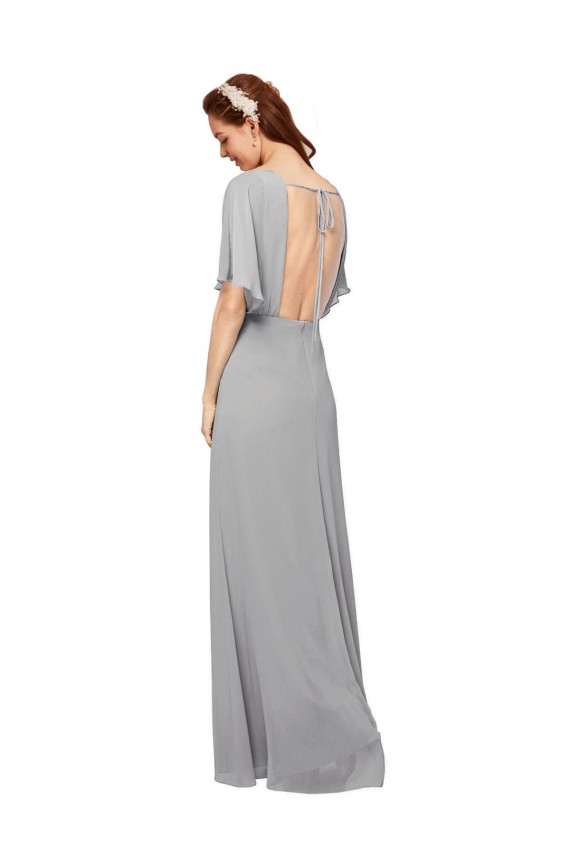 Online V-Neck Long Chiffon Bridesmaid Dress with Dolman Sleeved Bodice and Slit