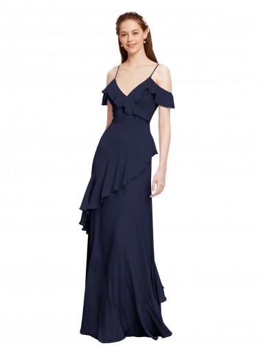 Online Cascading Ruffles Long Chiffon Bridesmaid Dress with Cold Shoulder