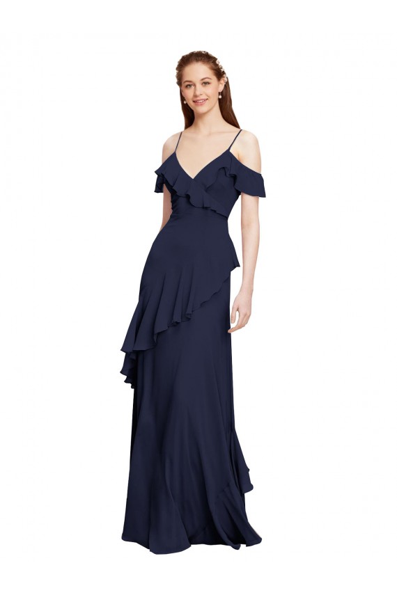 Online Cascading Ruffles Long Chiffon Bridesmaid Dress with Cold Shoulder