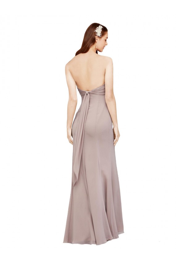 Online Fit and Flare Long Chiffon Bridesmaid Dress with Sash and Open Back