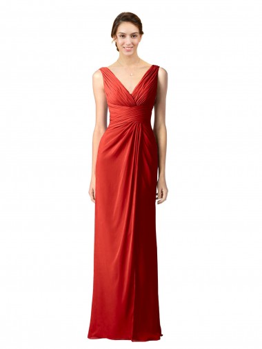 Online Shirred Long Floor Length Chiffon Bridesmaid Dress with V-Back
