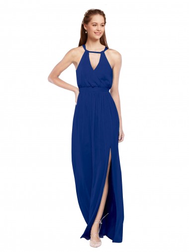 Online High Keyhole Neck Long Chiffon Bridesmaid Dress with Slit