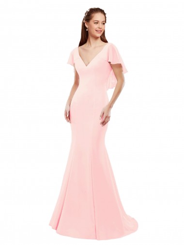 Online Fit and Flare Chiffon Bridesmaid Dress with V-Neck and Flutter Sleeves