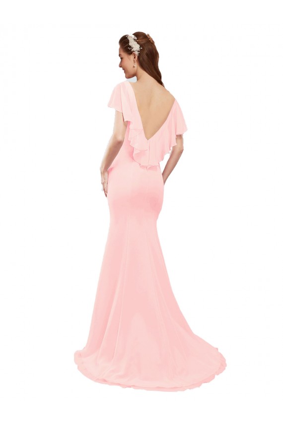 Online Fit and Flare Chiffon Bridesmaid Dress with V-Neck and Flutter Sleeves