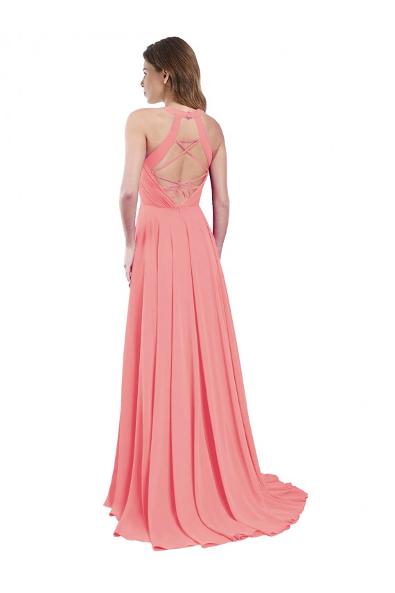 Online Draped A-Line Chiffon Bridesmaid Dress with Halter Keyhole Neckline