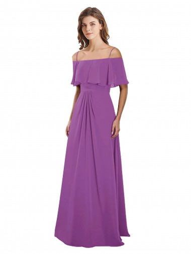 Online Draped Off The Shoulder Chiffon Bridesmaid Dress with Spaghetti Straps and Ruffled Neckline
