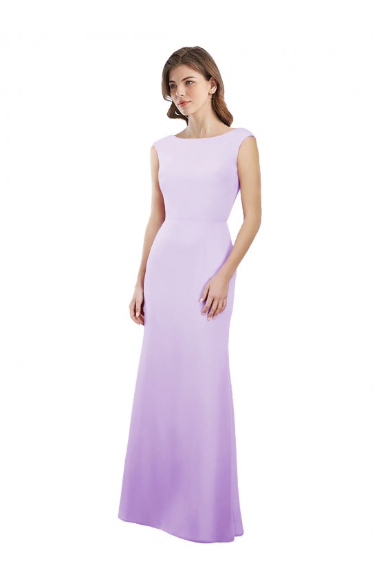 Online Chiffon Column Bridesmaid Dress with High Round Neckline and Cap Sleeves