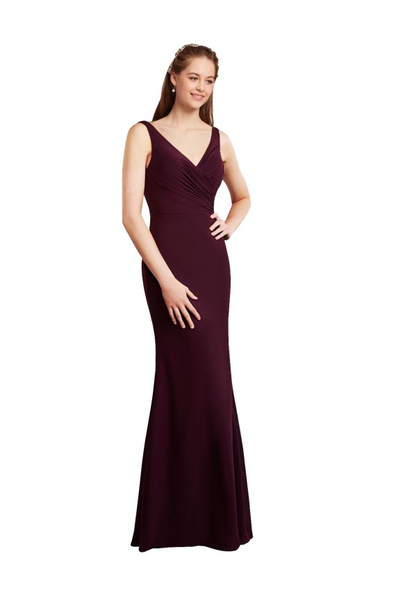 Online Floor Length Fluted Chiffon Dress with Draped Bodice and V-Neckline