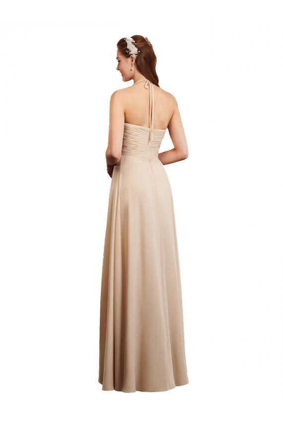 Online Draped Halter Neck Long Chiffon Bridesmaid Dress with Tie Back