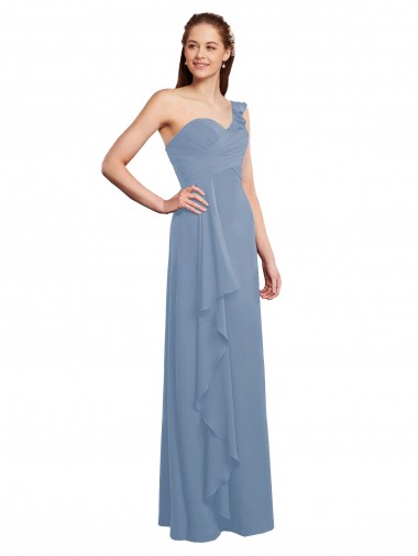 Online Single Shoulder Strap Long Chiffon Bridesmaid Dress with Cascading Ruffles