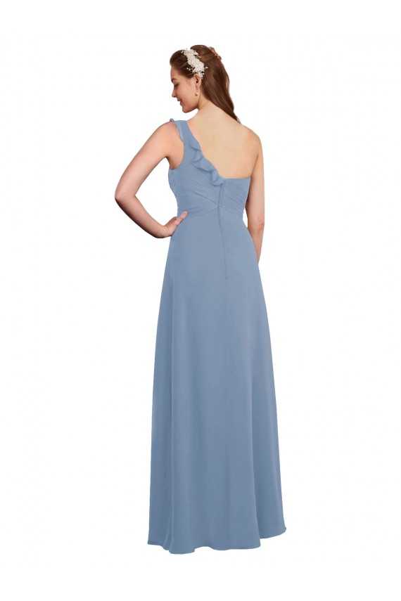 Online Single Shoulder Strap Long Chiffon Bridesmaid Dress with Cascading Ruffles