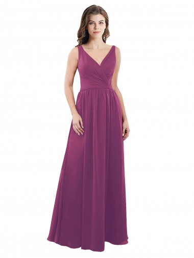 Online Long Chiffon A-Line Bridesmaid Dress with V-Neck Wrap Bodice
