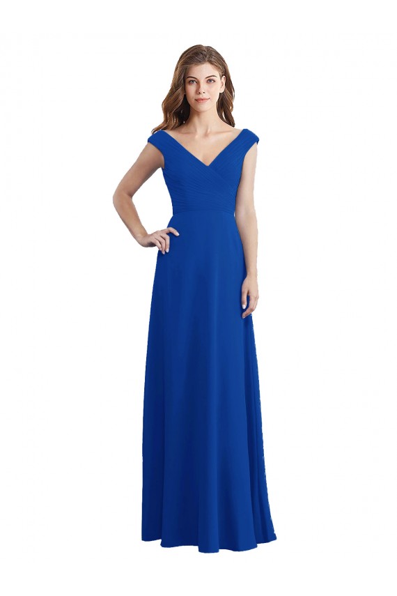 Online Draped Shoulder V-Neck Long Chiffon Bridesmaid Dress