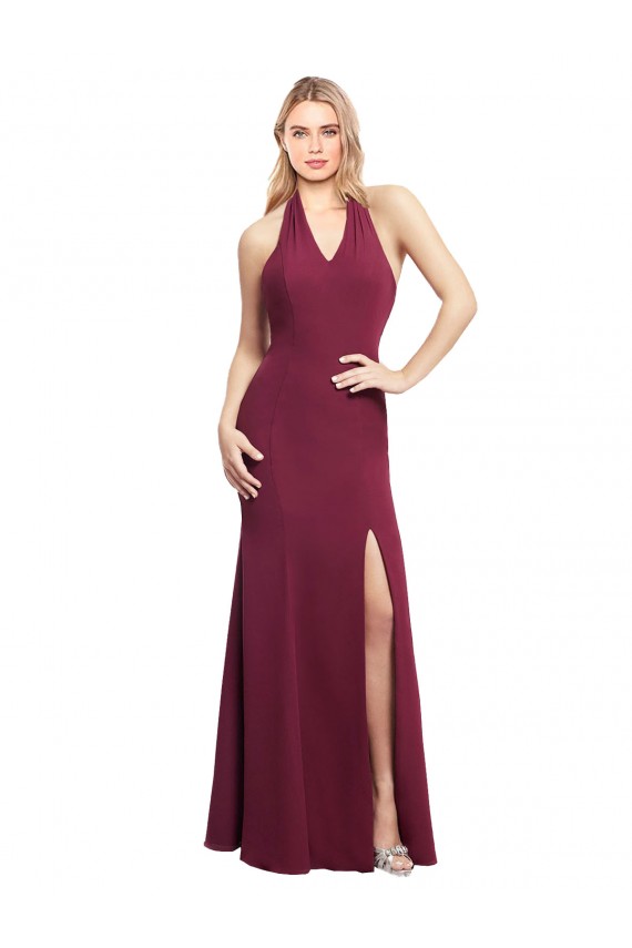 Online Chiffon Mermaid Bridesmaid Dress with Back Tie Halter Straps and Side Slit