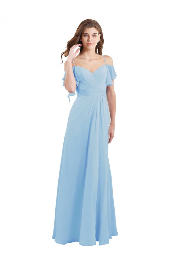 Online Cold Shoulde Chiffon Bridesmaid Dress with Wrap Bodice