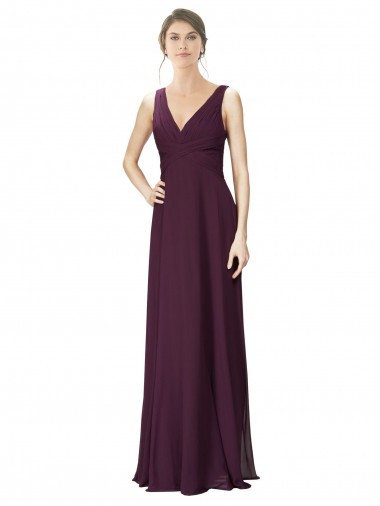 Online Long Chiffon Bridesmaid Dress with Ruched Criss Cross V-Neck Bodice