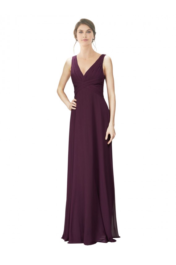 Online Long Chiffon Bridesmaid Dress with Ruched Criss Cross V-Neck Bodice