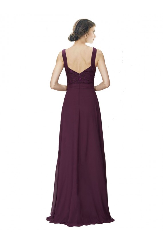 Online Long Chiffon Bridesmaid Dress with Ruched Criss Cross V-Neck Bodice