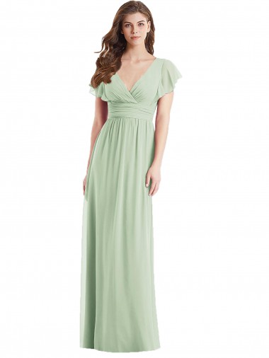 Online Flutter Sleeves Draped Wrap V-Neck Chiffon Bridesmaid Dress