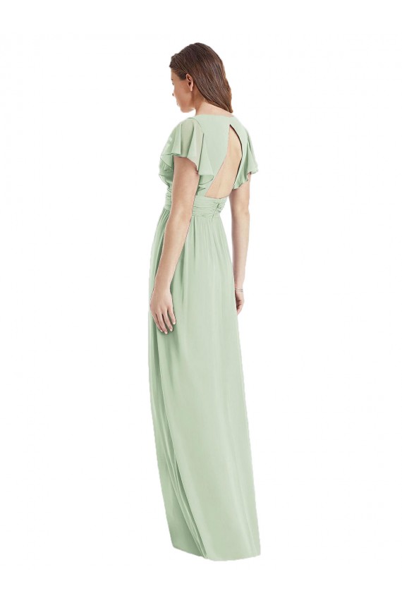 Online Flutter Sleeves Draped Wrap V-Neck Chiffon Bridesmaid Dress
