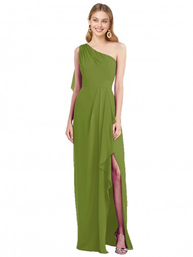 Online One Shoulder Chiffon Bridesmaid Dress with Draped Front Slit