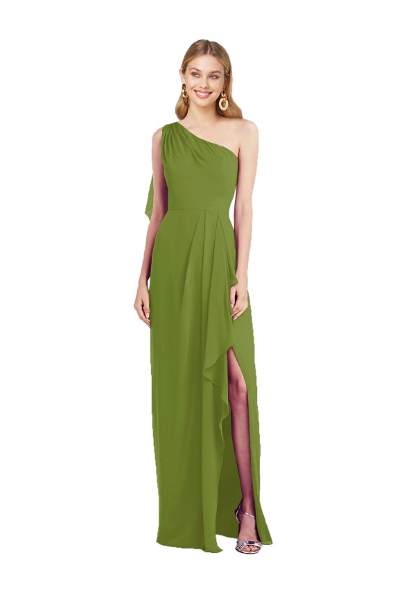 Online One Shoulder Chiffon Bridesmaid Dress with Draped Front Slit