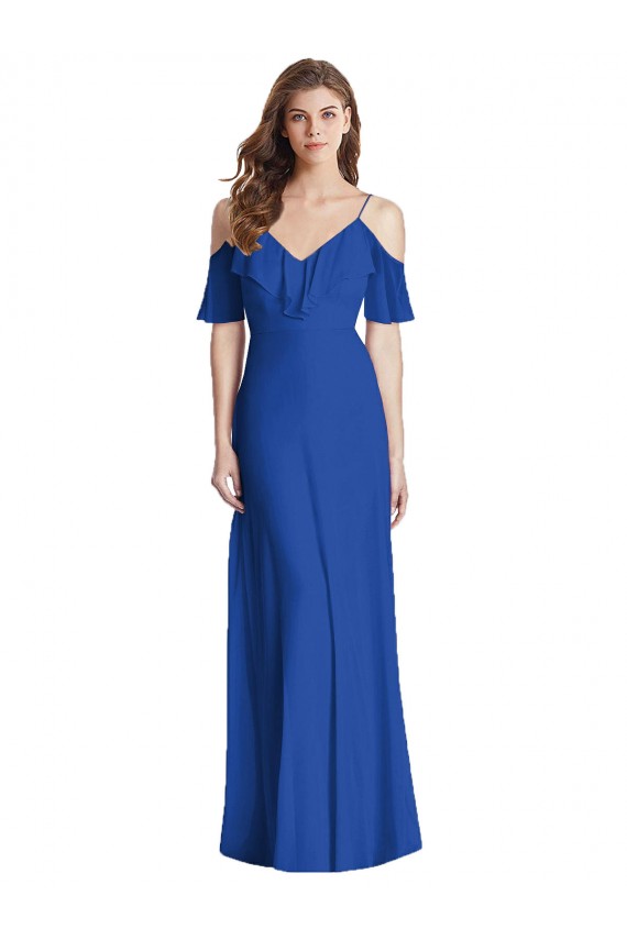 Online Ruffled Cold-Shoulder Chiffon Maxi Bridesmaid Dress