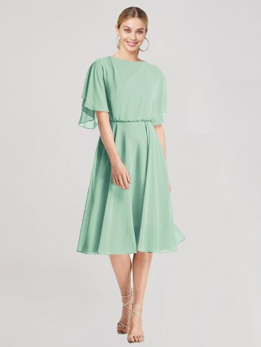 Online Open Back Flutter Sleeves Cocktail Length Chiffon Bridesmaid Dress