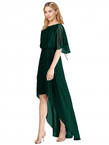 Online Plunging V Back Flutter Sleeves Cocktail Length Chiffon Bridesmaid Dress