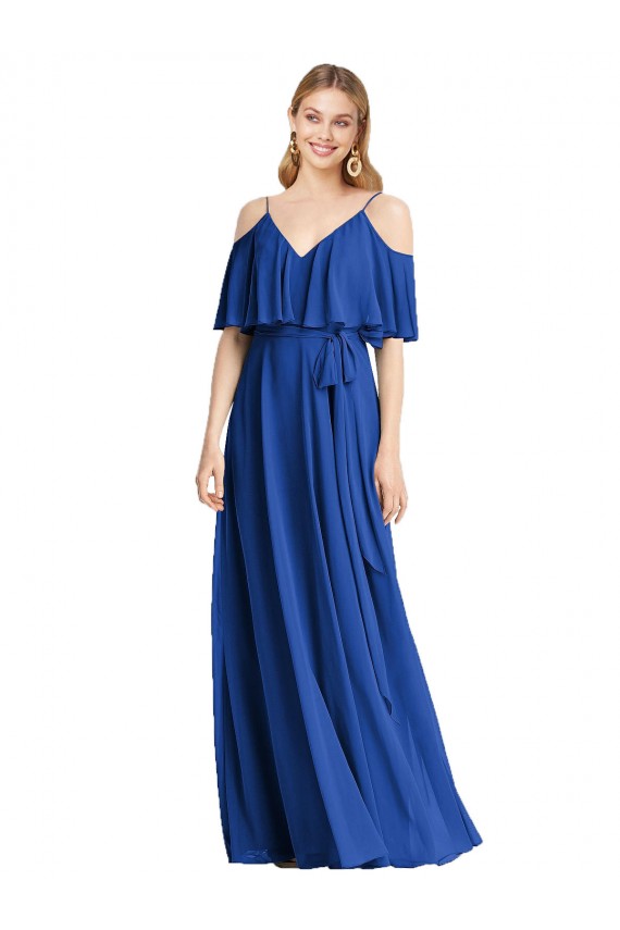 Online Spaghetti Straps V-Neck Chiffon Bridesmaid Dress with Sash Tie