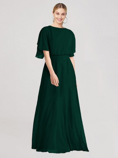 Online Full-Length Flutter Sleeves Plunging V Back Chiffon Bridesmaid Dress